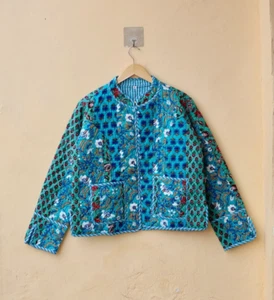 Handmade Cotton Quilted Jacket Patchwork Kimono Style Kantha Women's Boho Coat - Picture 1 of 9