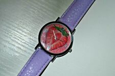 Strawberry Pink Fruit Dial Analog Watch Purple Band B.W.C. Novelty