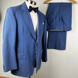 BOLD VTG 70s British Colony Clothes 42R blue cotton twill suit 35 x 30 pants - Picture 1 of 12