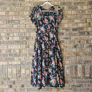Vintage Starina Dress Women's Small Midi Black Floral Roses Rayon - Picture 1 of 5