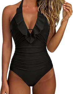 Women Sexy Halter One-Piece Swimsuit – Ruffle V Neck, Tummy Control - Picture 1 of 7