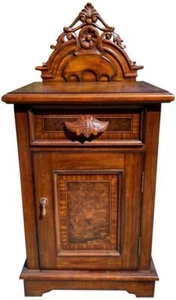 Victorian Nightstand Carved Mahogany, Burl Inlay Wood, 1-Door 1-Drawer - Picture 1 of 8
