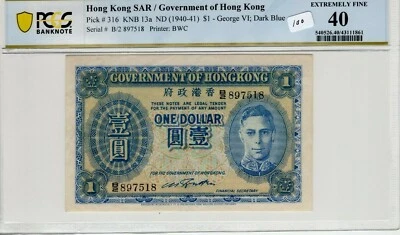 Hong Kong 1940 1 Dollar PCGS Certified Banknote XF 40 Pick 316 13a - Image 1 of 2
