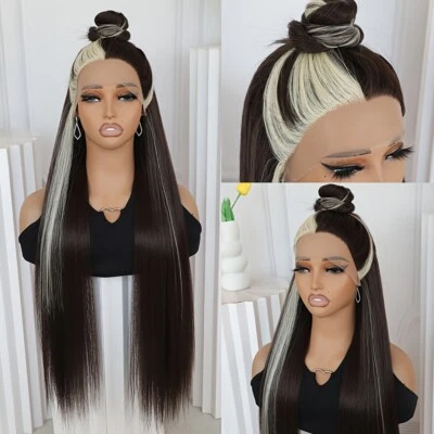 Long Straight Party Hair Synthetic Lace Front Wigs Blonde Highlights Pre Plucked - Image 1 of 4