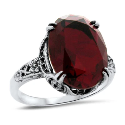 ANTIQUE DESIGN DEEP RED SOLITAIRE 925 STERLING SILVER SIMULATED RUBY RING  #1330 - Image 1 of 3