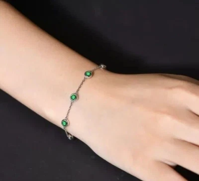 4CT Green Round Lab-Created Diamond Women Chain Bracelet 14K White Gold Plated - Image 1 of 4