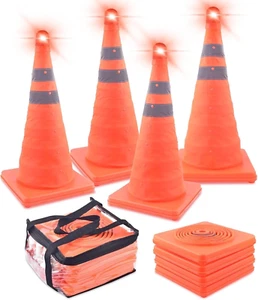 4 Pack 18 Inch Collapsible Traffic Cones with Bag, Safety Cones with 4 LED Safet - Picture 1 of 12