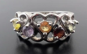 Ring .925 Sterling Silver Multi-Gemstones with Heart Accents Women's Size 7.25 - Picture 1 of 8
