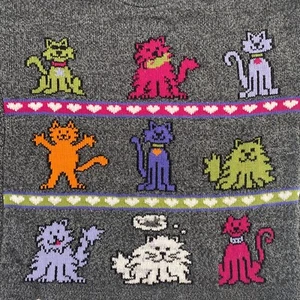 Retro Plaid Moose Gray Sweater Colorful Cats Girls 3/4 Sleeve Scalloped Edges - Picture 1 of 12