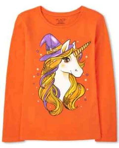 NWT The Childrens Place Unicorn Girls Long Sleeve Orange Halloween Shirt - Picture 1 of 2