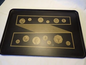 Vintage Metal black serving tray with gold coin design - 20" x 13.5" - Picture 1 of 10