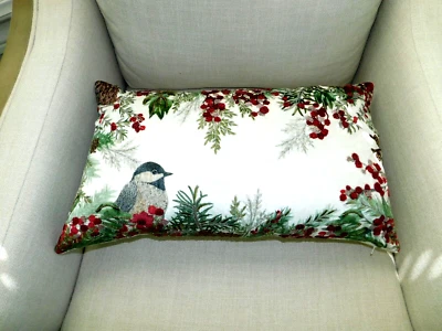 Frontgate Pillow Cover Winter Birds 22" x 13" Berry Merry Pillow Cover $129 - Image 1 of 4