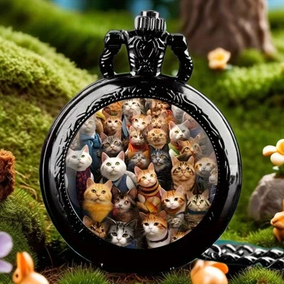 CATS Vintage Quartz Pocket Watch with Chain Pendent Zinc Alloy Black - Image 1 of 4