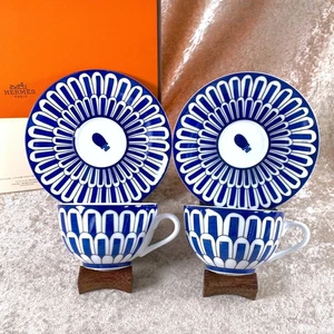 Hermes Paris Bleus D'Ailleurs Tea Cup & Saucer 2 Sets Porcelain Tableware w/Box - Picture 1 of 14