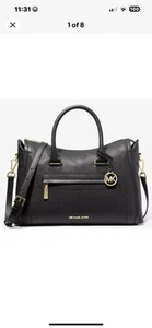 NEU MIT ETIKETT MICHAEL KORS CARINE LARGE SCHWARZ LEDER GOLD LOGO CROSSBODY UMHÄNGETASCHE TASCHE - Bild 1 von 22