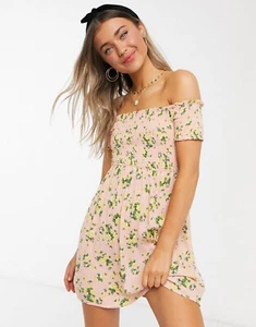 NEW MISS SELFRIDGE FLORAL SHIRRED BARDOT MINI DRESS SUMMER LOOK UK 8 10 12 14 - Picture 1 of 3