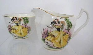 Vintage Clarence Bone China Yellow Dress Woman Floral Creamer & Sugar Bowl  - Picture 1 of 4
