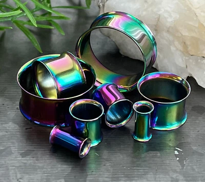 PAIR Rainbow Plated Steel Double Flare Tunnels Ear Plugs Earlets Gauges - Image 1 of 4