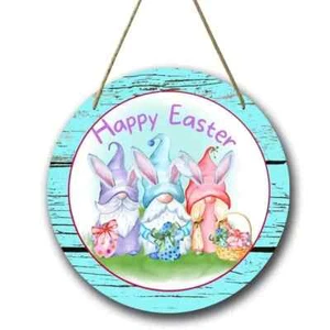 Easter Hanging Wood Sign Gnomes Happy Easter Round - Picture 1 of 2