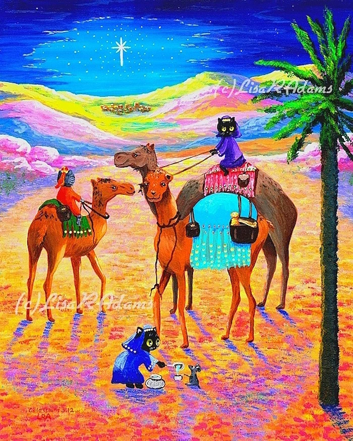 Estrella de Navidad Camellos Reyes Magos Gato Arte Giclee Impresión de Pintura 4x5 Arte Creativo Foto 1 de 1