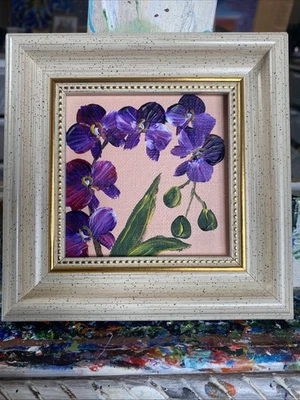 Orquídea, flor abstracta, pintura acrílica original sobre panel de lienzo, 4/4 enmarcado Foto 1 de 4