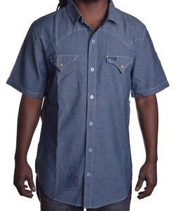 LRG Lifted Research Group Chambray Denim Blue Woven SS Button Up Shirt Medium - Picture 1 of 2