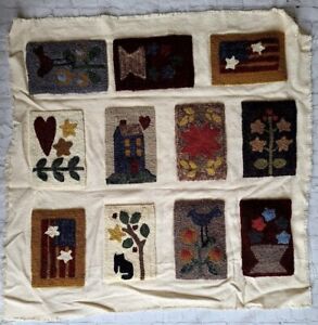 Primitive Rug Hooked Wall Hangings Craft Lot of 11  Flowers, Flag, House, Cat ++
