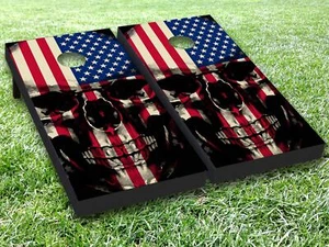 Skull America Flag Cornhole Board Wrap LAMINATED Wraps Decals Vinyl skin #02-1 - Picture 1 of 1