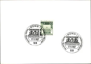1967 Erstausgabe Stempel Bonn Dt. Bauwerke 20 Pf. Briefmarke auf Gedenkpostkarte - Bild 1 von 2