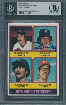 Tarjeta de novato firmada por Ron Guidry 1976 Topps #599 Beckett autógrafo auténtico BAS Foto 1 de 2