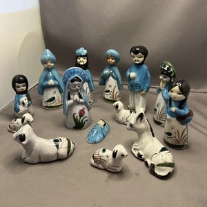 Vintage Tonala Ceramic 14 Piece Mexican Folk Art Nativity Set Holy Family - Bild 1 von 9