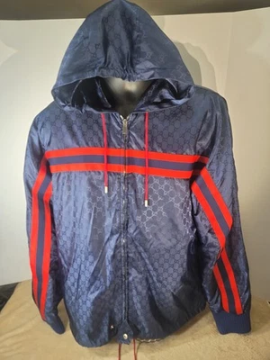 Jaqueta Gucci GG monograma jacquard náilon corta-vento capa de chuva vermelha marinha tamanho 48EU - Imagem 1 de 4