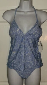 SUN & SAND Light Blue Paisley Bird 2 Piece Tankini Halter tie Swimsuit M NWT - Picture 1 of 10