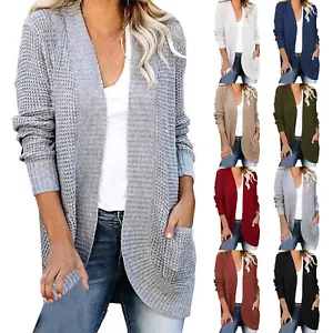 Women's Solid Color Sweater Cardigan Long Sleeve Open Front Pocket Knit Jacket - Picture 1 of 42
