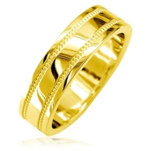 Mens Flat Wedding Band with Bead Detail, 6mm in 14k Yellow Gold - Picture 1 of 2