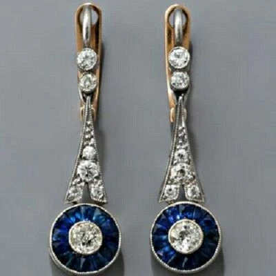 1.30CT White & Blue Excellent Cut Simulated Sapphire  Retro Earrings 925 Silver - Image 1 of 4