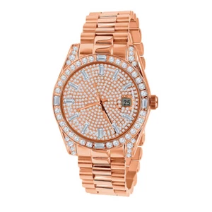 Solid Steel 18K Rose Gold Baguette Simulated Diamond Men's President Watch 40 mm - Picture 1 of 5