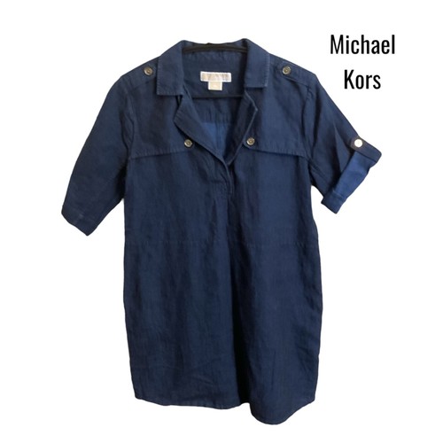 Michael Kors Camicia Abito Donna Blu Scuro Denim Jeans Cotone Lino Bottoni Oro