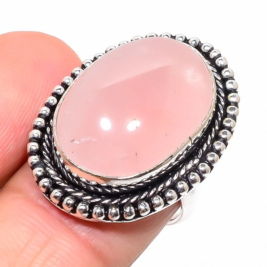 Anillo de plata de ley 925 con piedras preciosas de cuarzo rosa natural talla 8,5 (EE. UU.) Foto 1 de 1