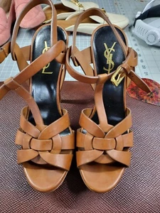 Saint Laurent YSL Tribute Tan Brown Suede Platform Sandals Pumps Sz 37.5 - Picture 1 of 8