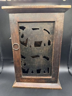 Rustic Wood Metal Key Holder Elephant Design Wall Cabinet Storage Chest Decor - Image 1 of 4