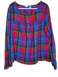 Gap Top Girls Long Sleeve Plaid Peasant Blouse Purple Red Blue Large 10 Kids - Picture 1 of 12