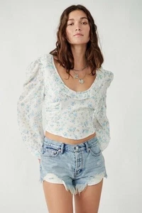 Free People Another Life Flower Printed Top Ivory Blue Size L New Free P&P UK - Picture 1 of 4