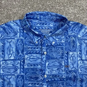 Vineyard Vines Button Down Performance Shirt Mens Large Blue Fish Crab AOP Ocean - Picture 1 of 8