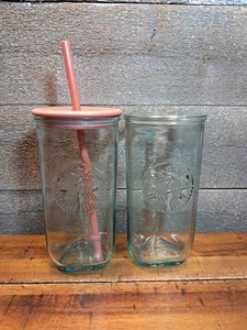 2 Starbucks Recycled Glass Brown Top Triangle Bottom Cold Cup Tumbler 16 oz. - Bild 1 von 4