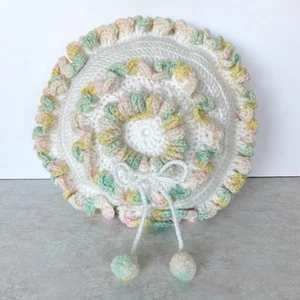 Vintage Crochet Round Granny Throw Pillow Pastel Ruffled Drawstring Bow Handmade - Picture 1 of 6