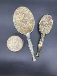 Vintage Tapestry Vanity Set, Mirror, Brush, Powder Puff Jar - Picture 1 of 11