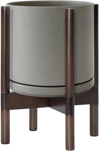 Ceramic Planter with Walnut Color Stand - 10 Inch Modern Round Flower Pot - Picture 1 of 5