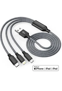 3 In 1 Fast Charging Cable Heavy Duty Nylon 4ft Cable iPhone iPad And Type C - Picture 1 of 5