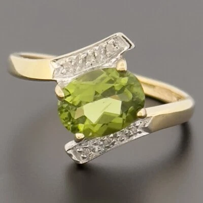 9ct Yellow Gold Peridot & Diamond Cluster Ring Size M Hallmarked - Image 1 of 4